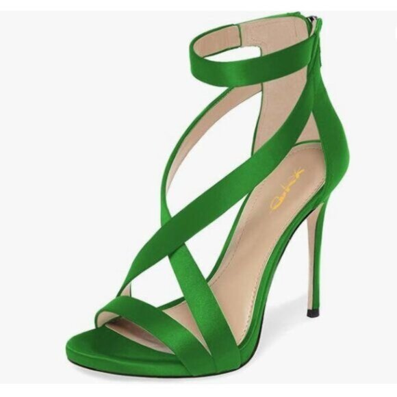 XYD Lime Green Satin Criss Cross Ankle Strap Sandals Open Toe High Heels Shoes - Picture 1 of 8